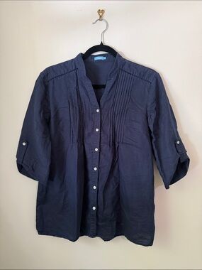 J. McLaughlin Navy Pintuck Button-Up Blouse